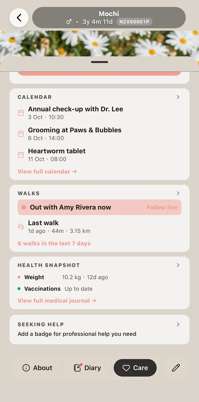 A pet's care tab with upcoming appointments, walks and a health snapshot