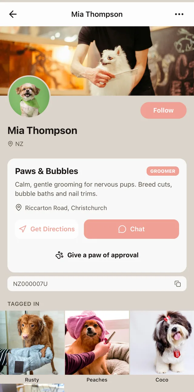 A groomer's profile with a service card and portfolio