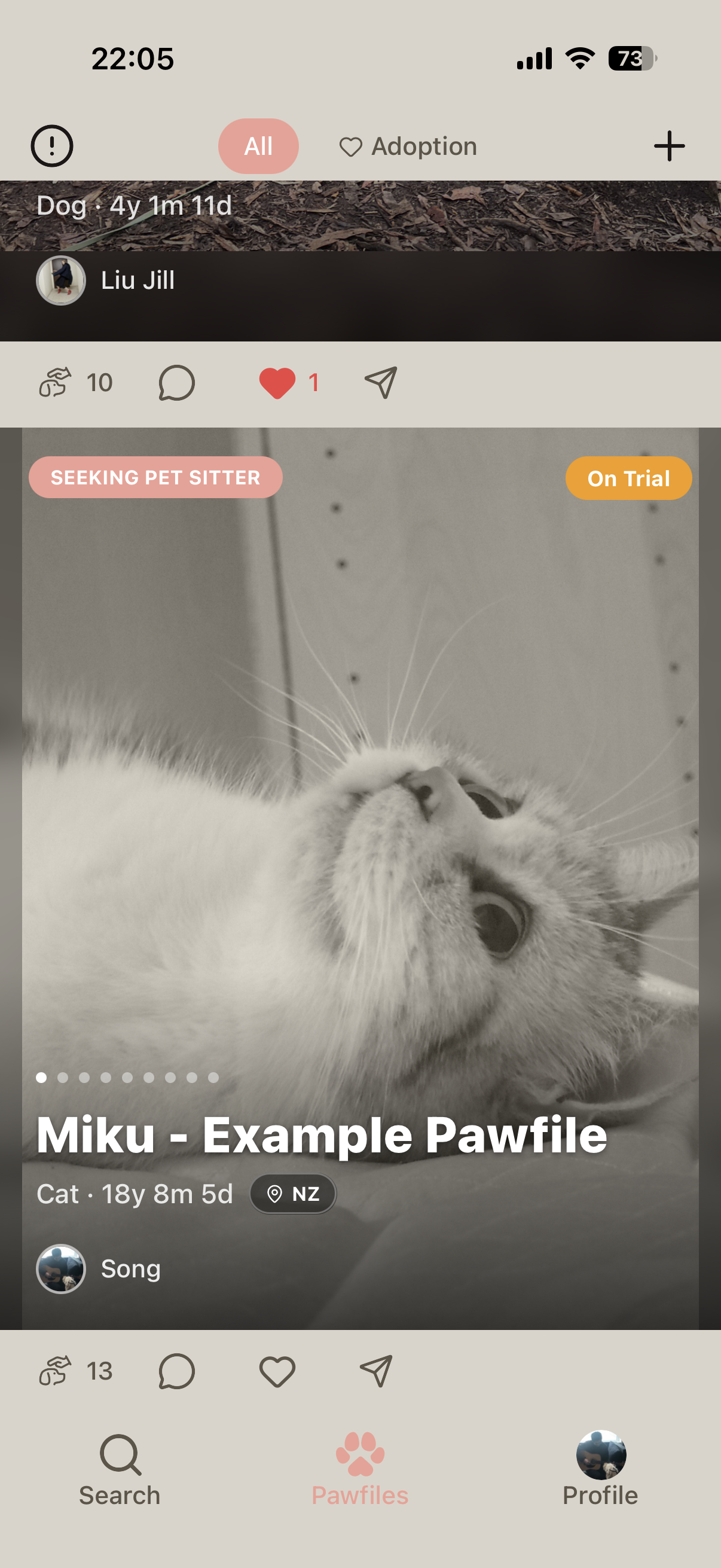 Pawfiles feed showing browsable animal profiles