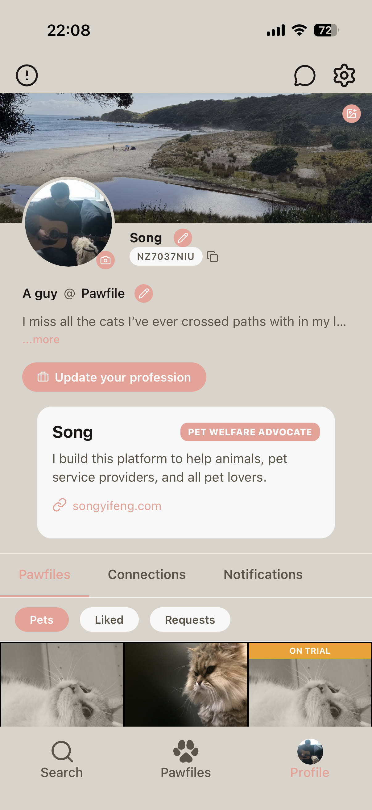 User profile showing personal info and embedded business card