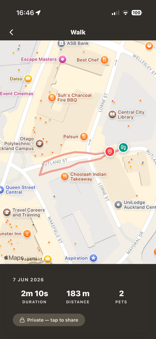 Completed walk showing route, duration, distance and pets